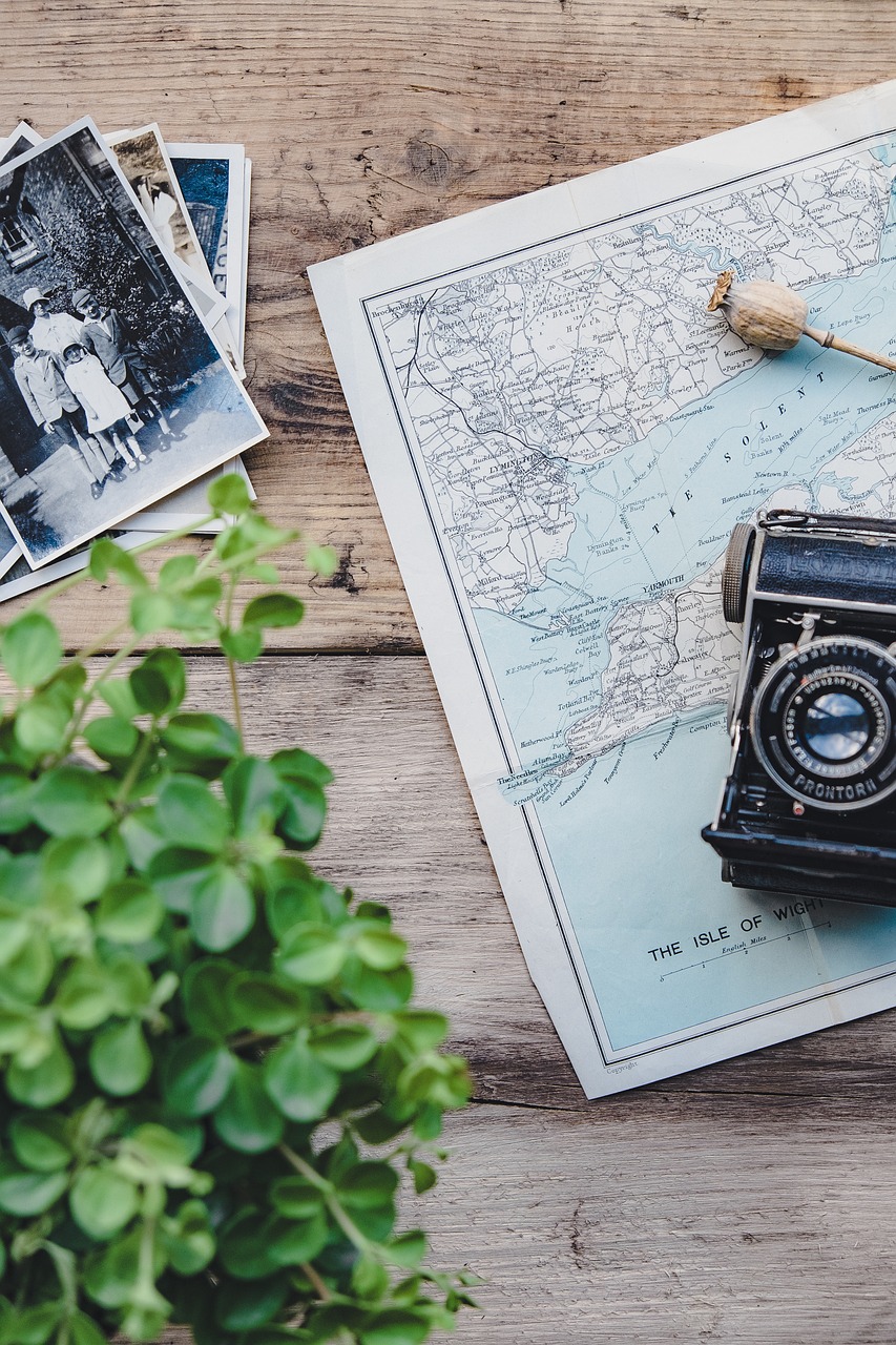 camera, vintage, map